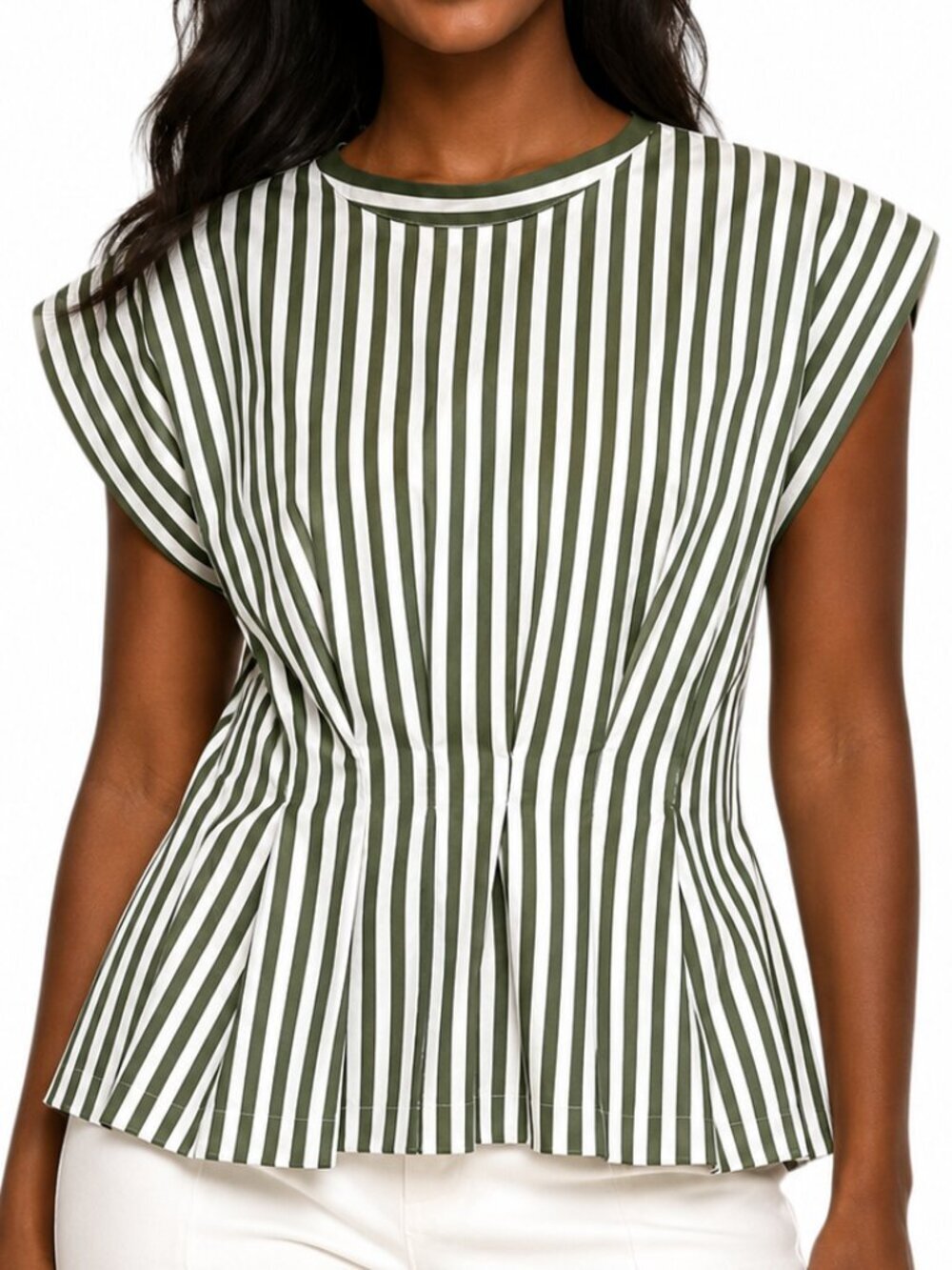 Zara Olive Green White Striped Poplin Mock Neckline Cinched Pleated Waist Blouse